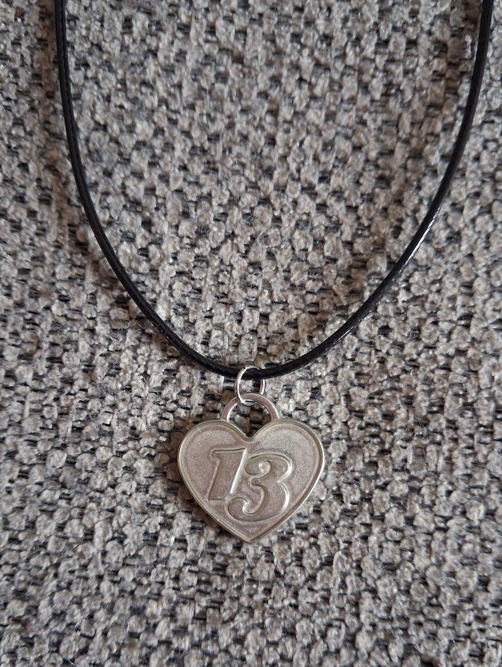 Gray Metal Heart '13' Pendant Necklace in Black Cord